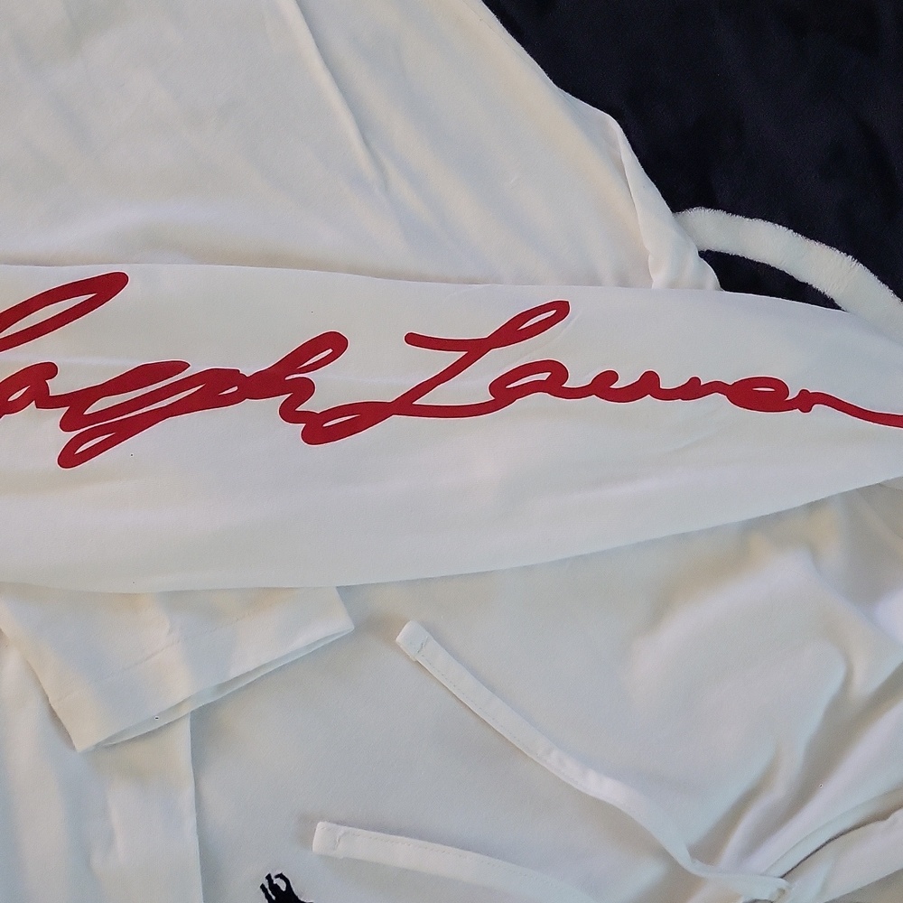 Polo by Ralph Lauren White Zip-Up Hoodie with Red Script Sleeve (Black Horse) - Picture 2 of 11